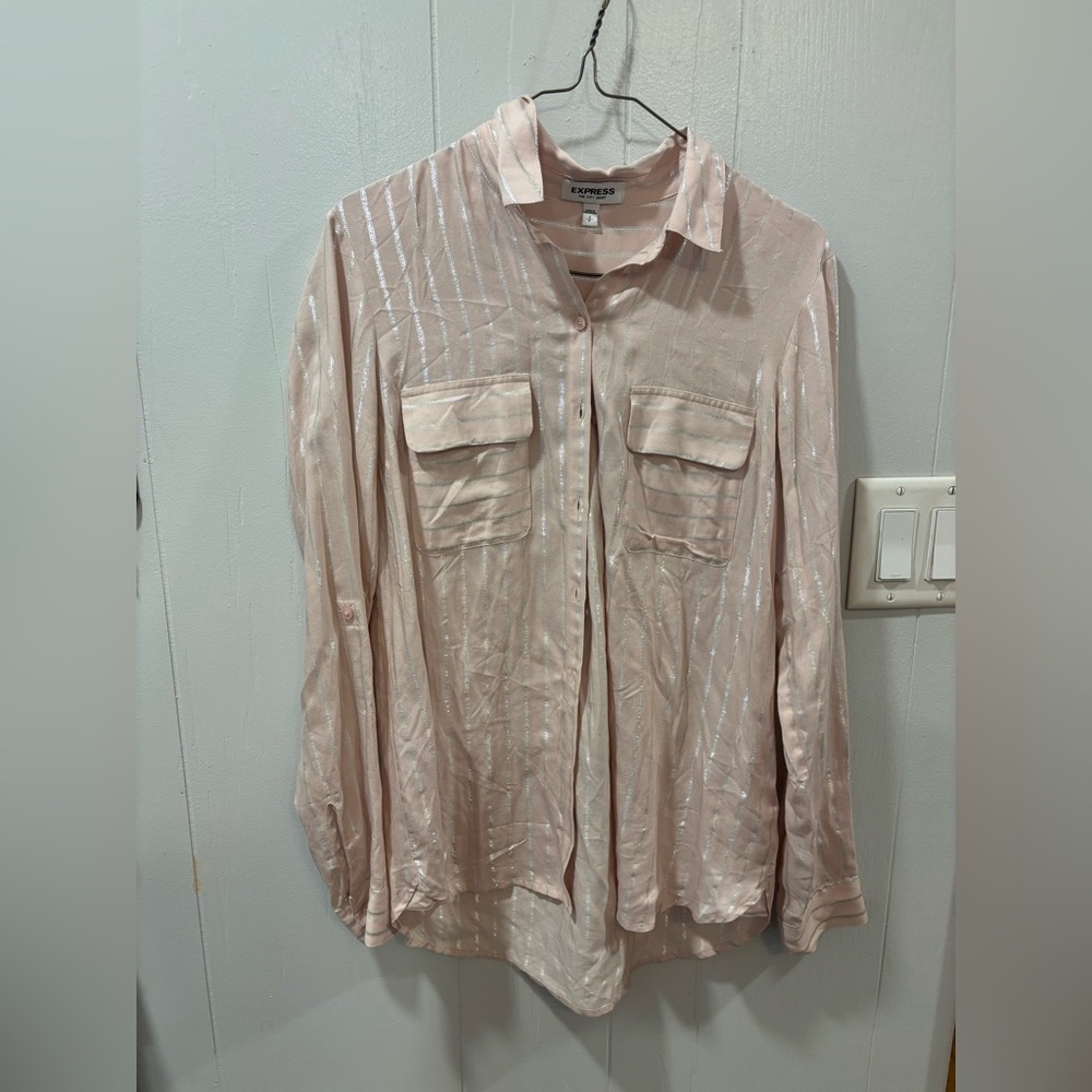 Express The City Shirt Light Pink Blouse Small SP Silver Stripe Long Sleeve - Picture 3 of 6